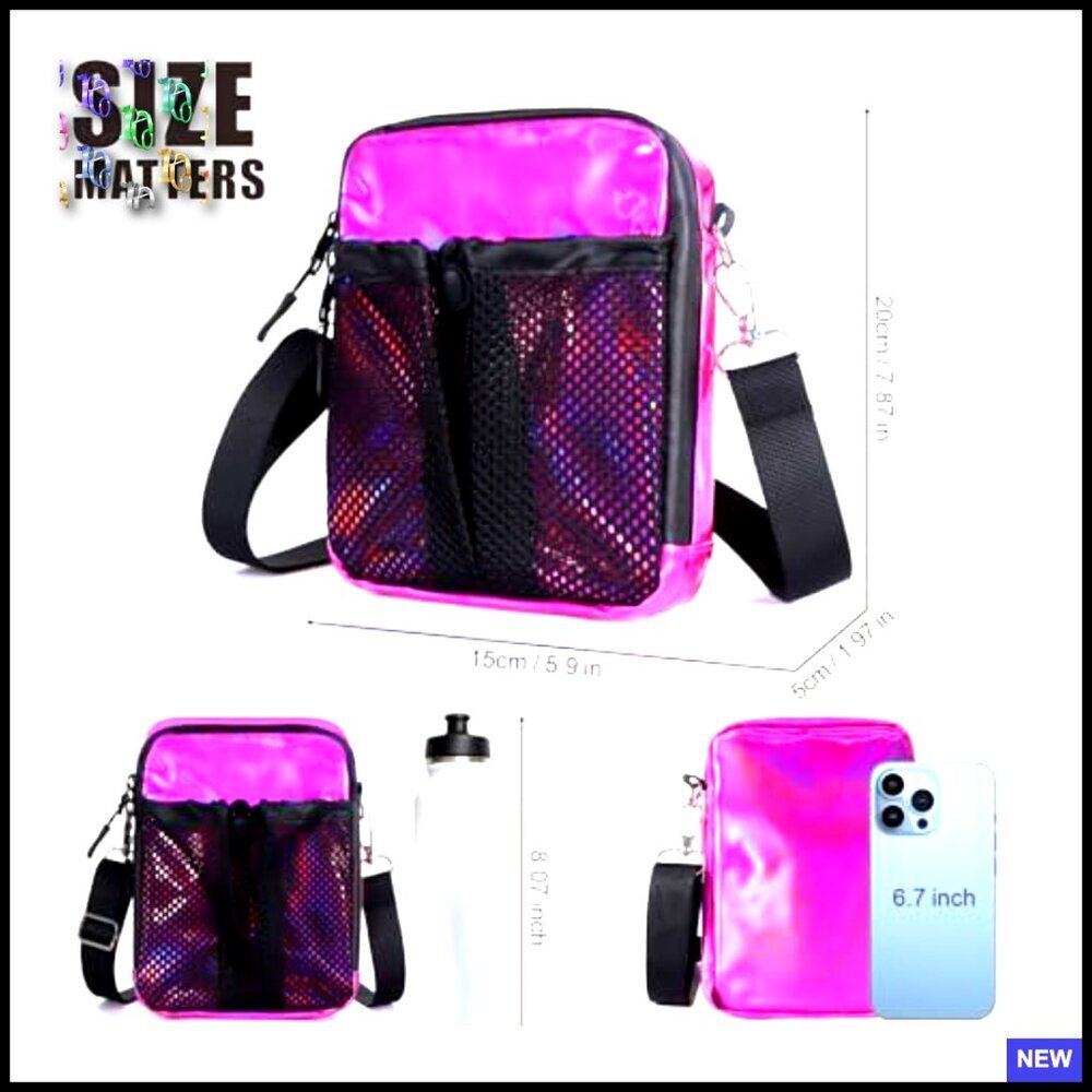 Holographic Mini Messenger Crossbody Bag Water Bottle Pocket Trendy Y2K - Picture 3 of 7